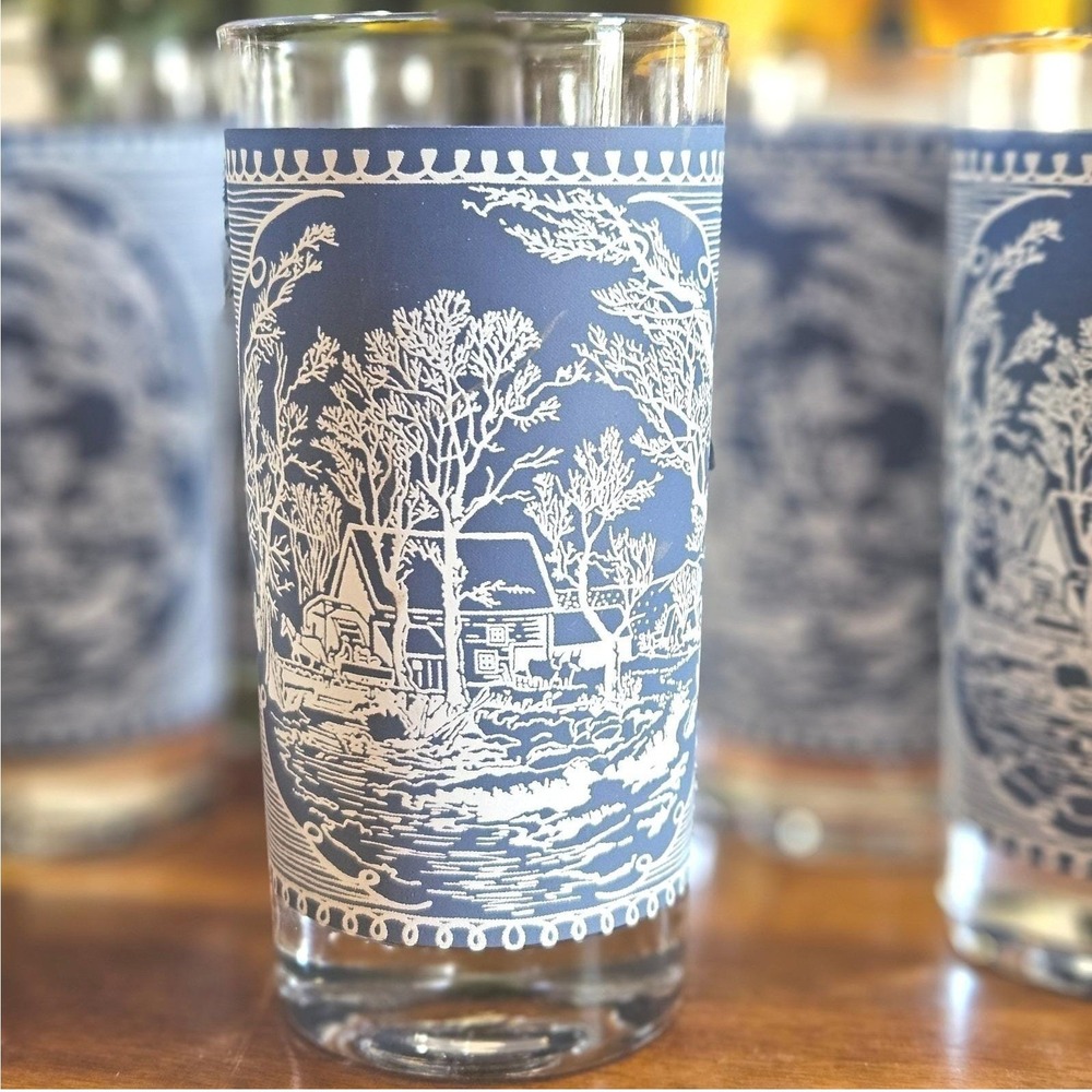 Currier & Ives Blue White Winter Scene Highball Glasses Set of 7 Royal China Vtg